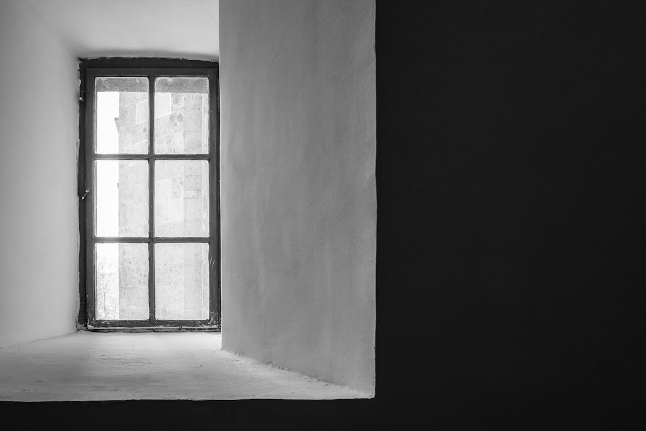 A minimalist black and white photograph of a window with a view outside.